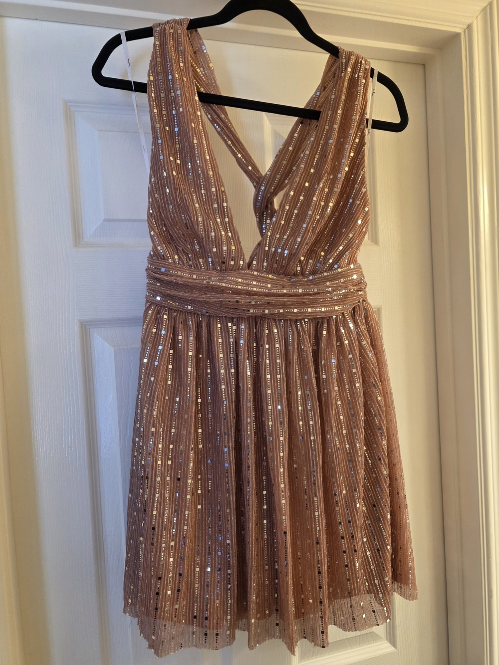 Lulu's Rose Gold Sequin V-Neck Mini Dress Twist Back NWT